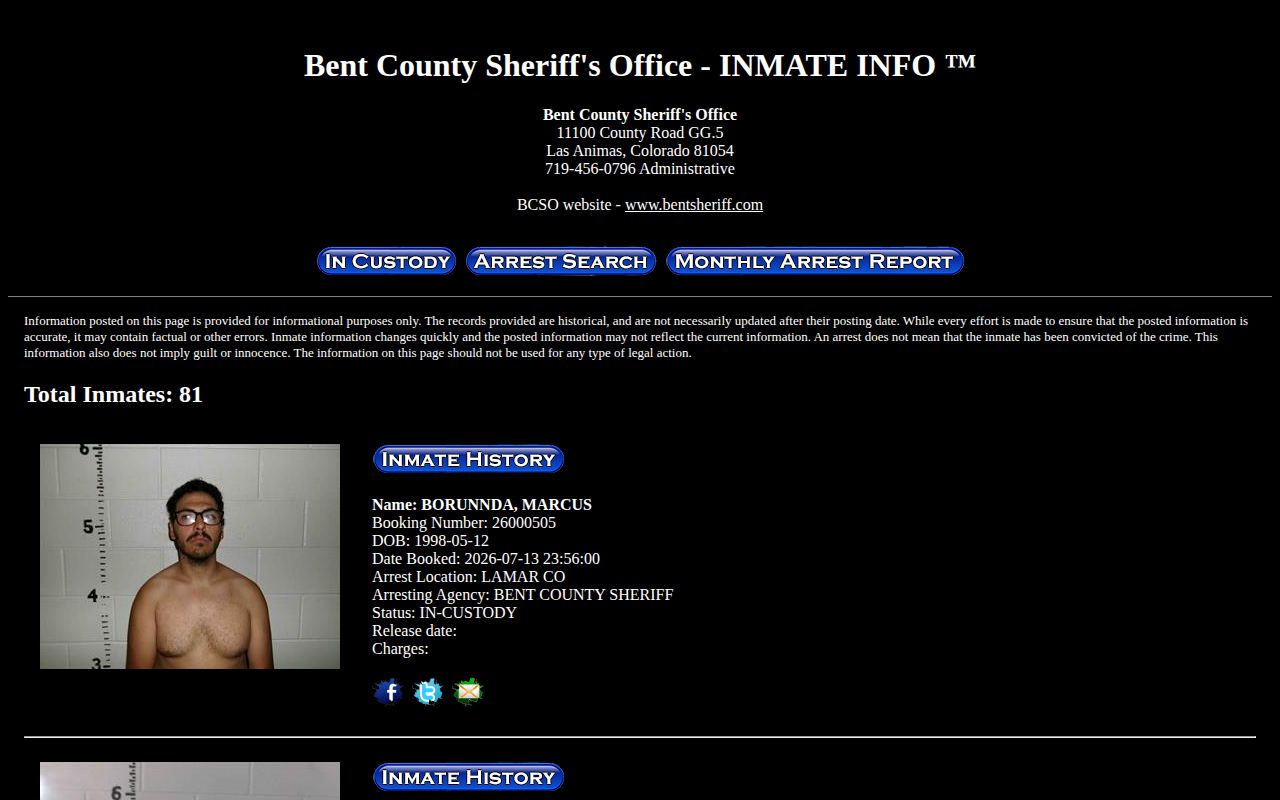 Bent County inmate-info feed used to check Kiowa County releases by date range