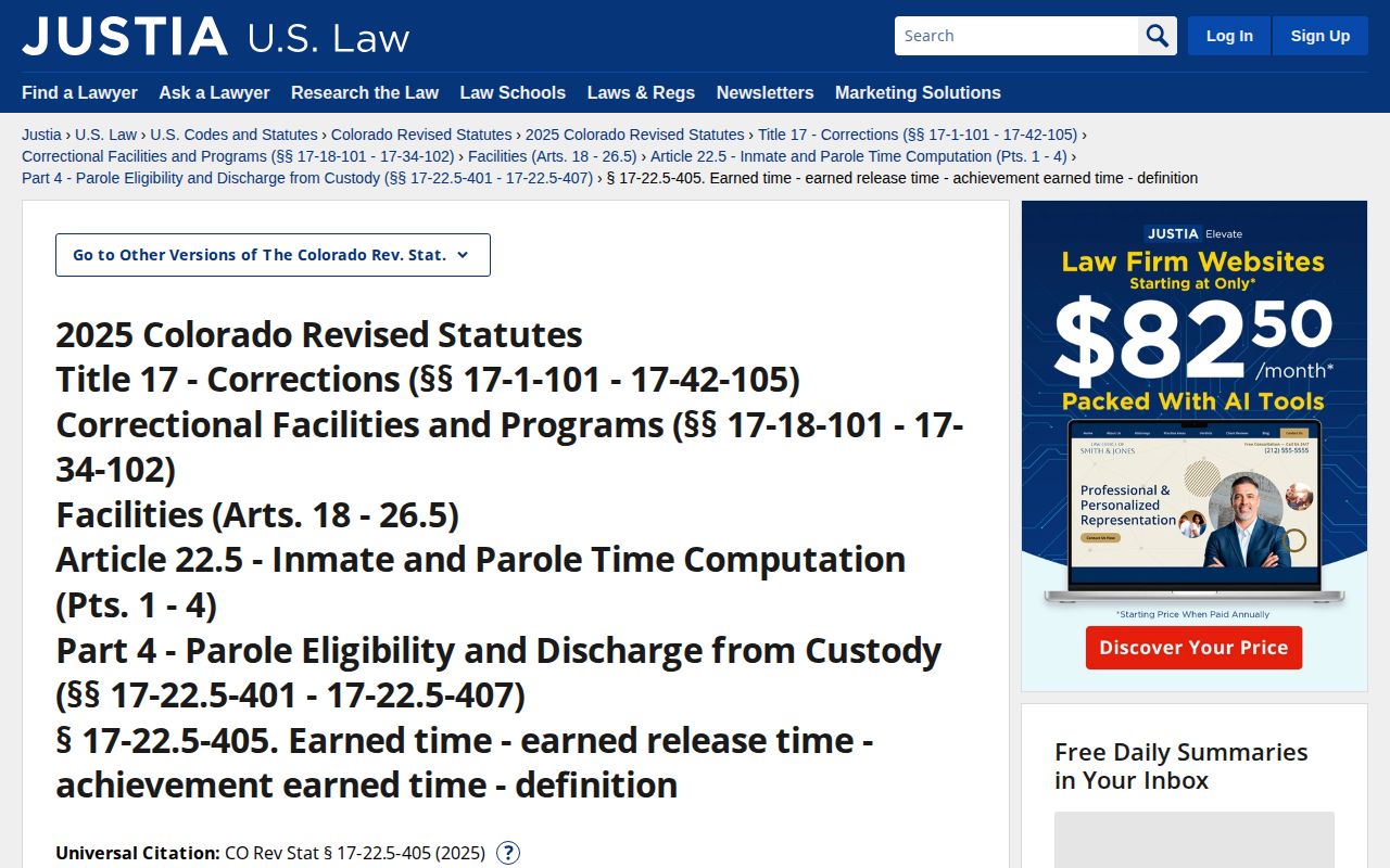 Kiowa County projected release date Colorado earned time statute